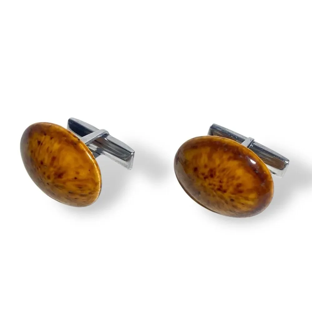 VTG Amber Brown Oval Cufflinks Silver tone Men Formal Wear Wedding Accessories